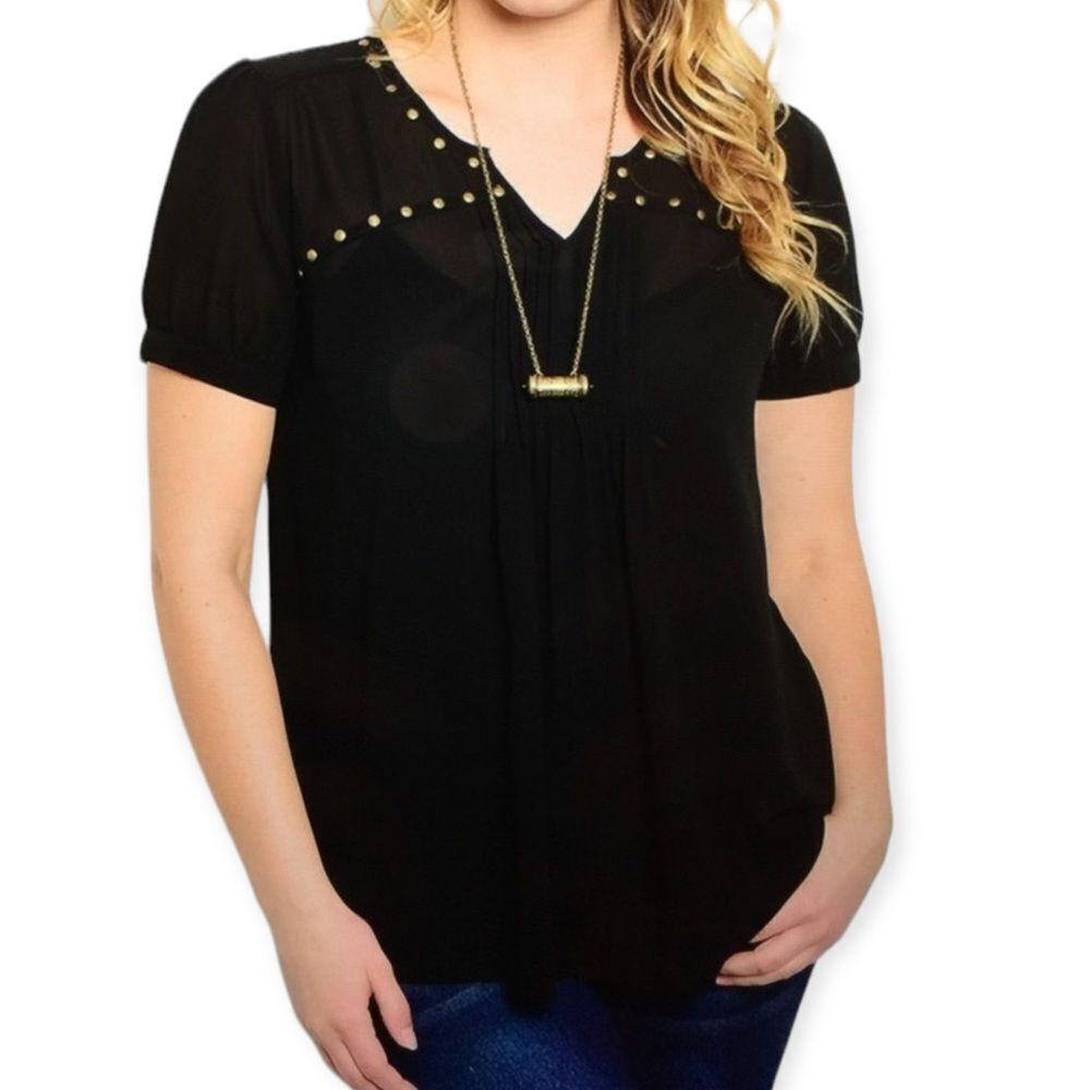 Plus Black Studded V Neck Short Sleeve Mesh Blouse NWT